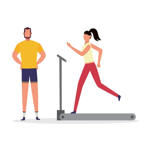 Entrenador personal y mujer en caminadora plana vector ilustración aislado . — Vector de stock