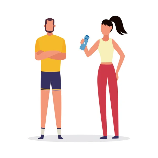 Fitness entrenador y cliente en ropa deportiva - hombre y mujer de dibujos animados — Vector de stock