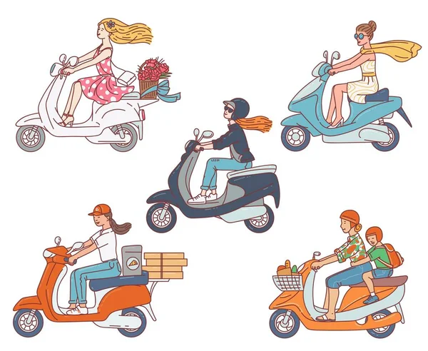 Set of women characters riding scooter motorcycle vector illustration isolated. — Stock Vector