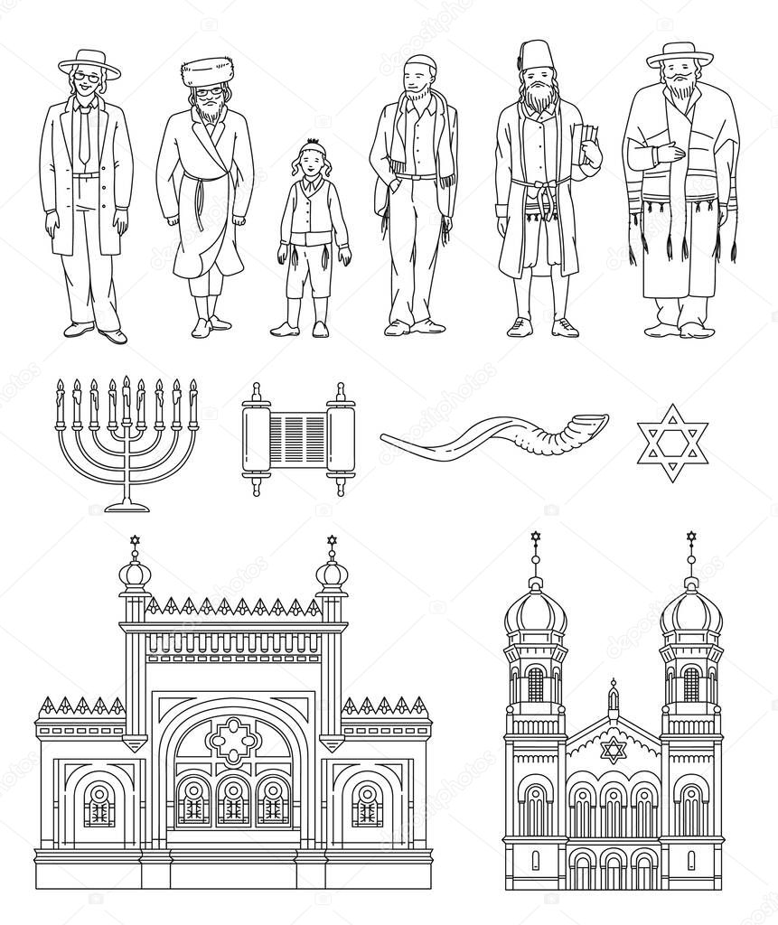 Jewish culture and religion symbols set black line vector illustration isolated.