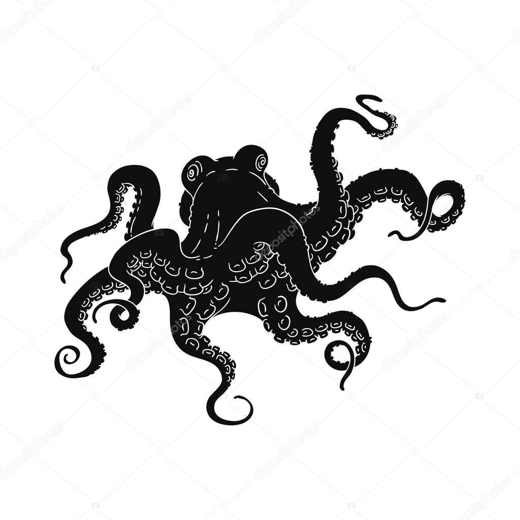 Black cartoon octopus with long tentacles - isolated sea animal drawing
