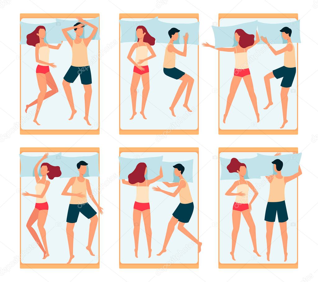 Sleeping positions for couples and families, man and woman sleeping together in postures.