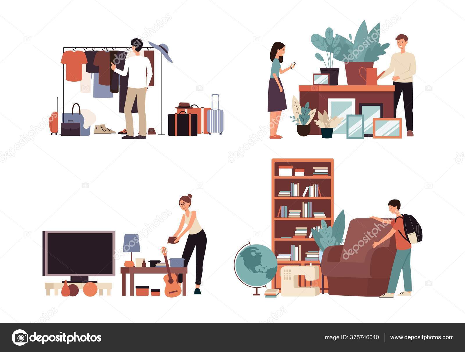 Flea market sale drawing set - isolated cartoon people buying old clothes, furniture and plants Stock Vector Image by ©Sabelskaya #375746040 Flea market sale drawing set - isolated cartoon people buying old clothes, furniture and plants Stock Vector Image by ©Sabelskaya #375746040