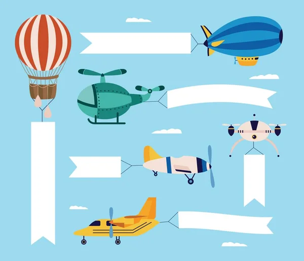 Vliegtuig en vliegtuig, een helikopter en een quadcopter, luchtschip en ballon vliegen met lege banner. — Stockvector