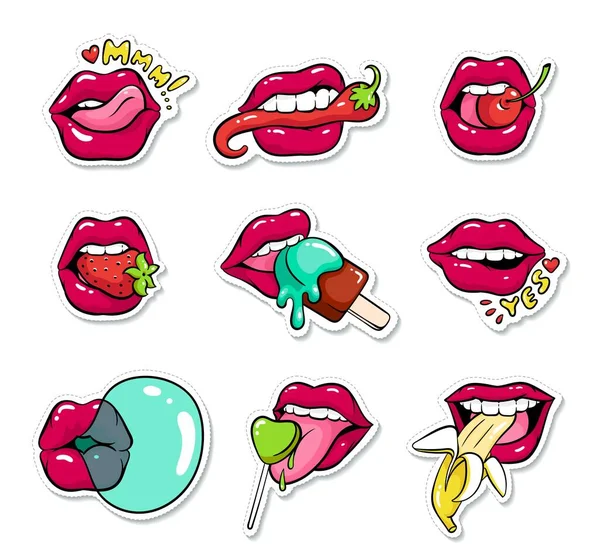 Set of female mouths with lipstick cartoon pop art style — Stock Vector