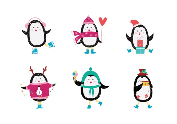 Świąteczny zestaw pingwinów kreskówkowych - świąteczne wydanie. Cute szczęśliwy zwierząt w przytulne zimowe ubrania — Wektor stockowy