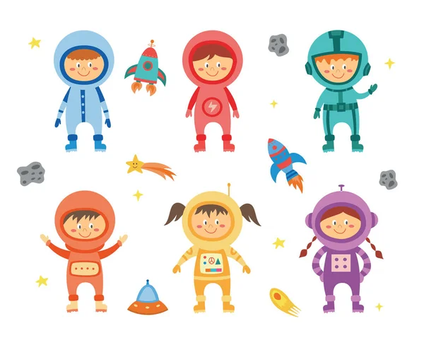 Dětští astronauti a kosmonauti set s raketami ploché vektorové ilustrace izolované. — Stockový vektor