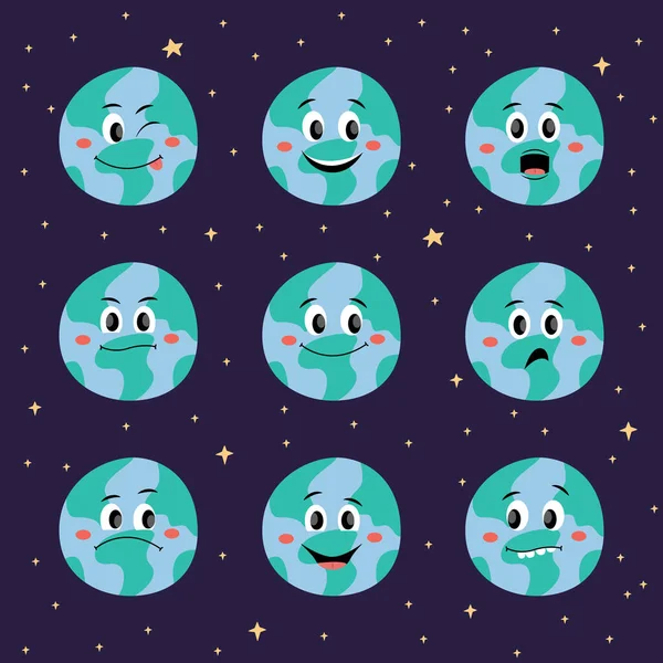 Roztomilý karikatura Země planety s emocemi tvář sada ikon ploché vektorové ilustrace. — Stockový vektor