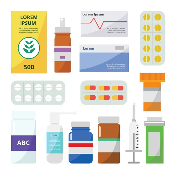 Set medicijnflesjes, pillen en druppels platte vectorillustratie geïsoleerd. — Stockvector