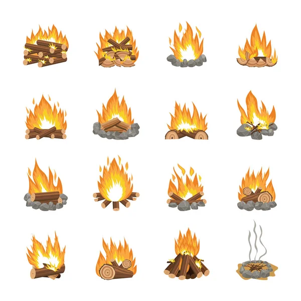 Set of cartoon bonfire variations - firewood stacking methods for campfire burn strength — Stock Vector