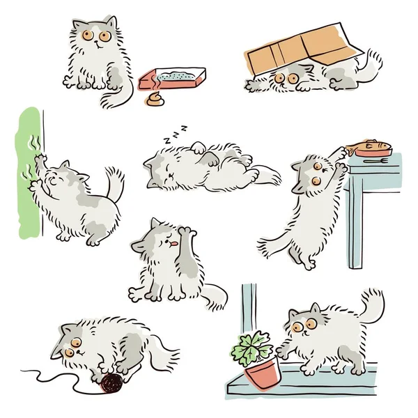 Malo comportamiento de juguetón travieso gato boceto vector ilustraciones conjunto aislado . — Vector de stock