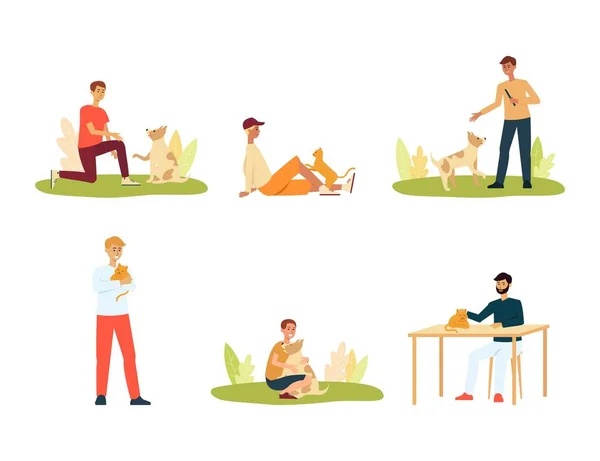 Cartoon set of people playing with their pets — Stock Vector