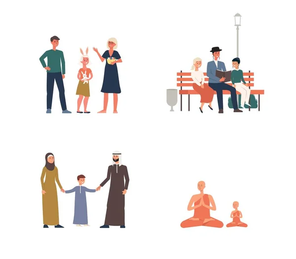 Set of religious families of Jews and Christians, Muslims and Buddhists. — Stock Vector