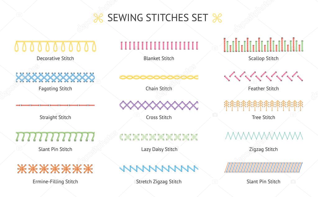 Sewing stitch line set - colorful embroidery needlework types with names