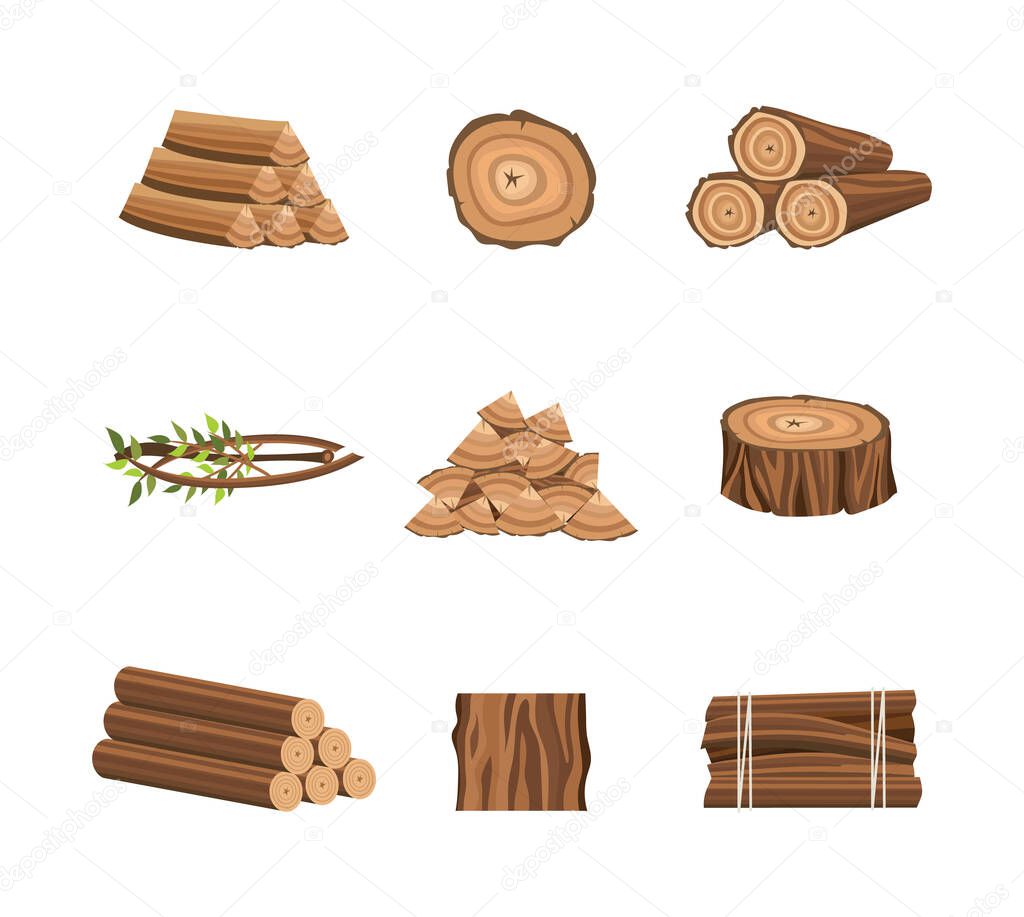 Wood icons for forestry and lumber industry flat vector illustrations isolated.