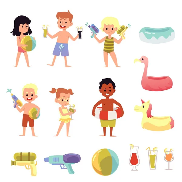 Personnages enfants sur piscine fête ou plage plat vecteur illustration isolé . — Image vectorielle