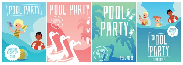 Poster della festa in piscina estiva con cartoni animati per bambini e uccelli fenicottero — Vettoriale Stock