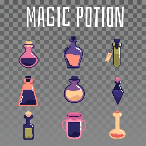 Set von Zaubertrank Flaschen Cartoon-Symbole Vektor Illustration isoliert auf weiß. — Stockvektor