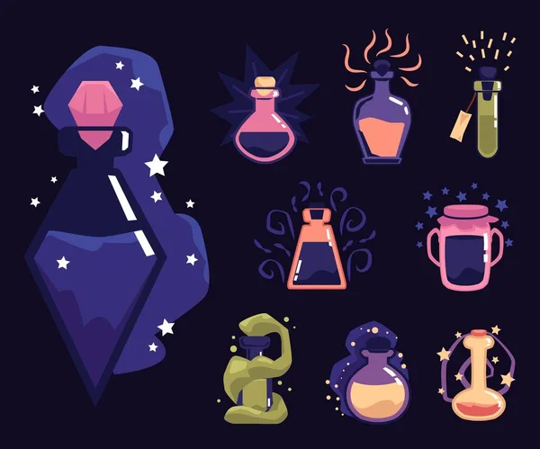 Potion magique bouteilles et flacons ensemble, dessin animé icônes vecteur illustration isolé . — Image vectorielle