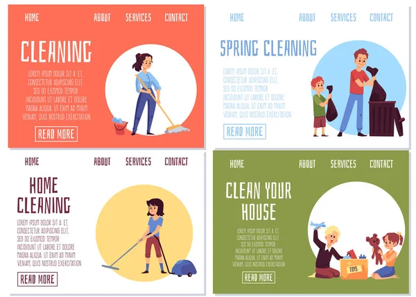 Banderas web para la limpieza de la casa de la familia y las tareas domésticas ilustración vectorial plana . — Vector de stock