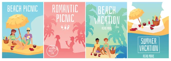 Conjunto vectorial de carteles con ilustraciones de un picnic en la playa del mar . — Vector de stock