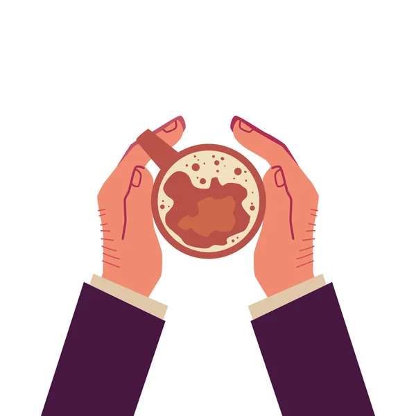 Vue supérieure sur les mains tenant une tasse de café, illustration vectorielle de dessin animé isolée . — Image vectorielle