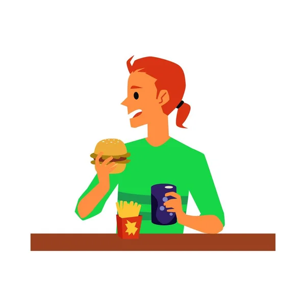 Hombre de dibujos animados comiendo comida chatarra hamburguesa, papas fritas y refrescos de lata — Vector de stock