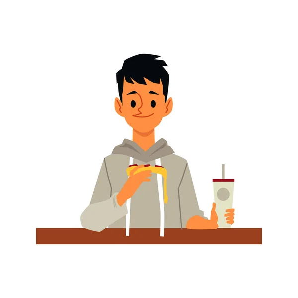 Homme mangeant de la malbouffe pizza tranche et tenant tasse de soda — Image vectorielle