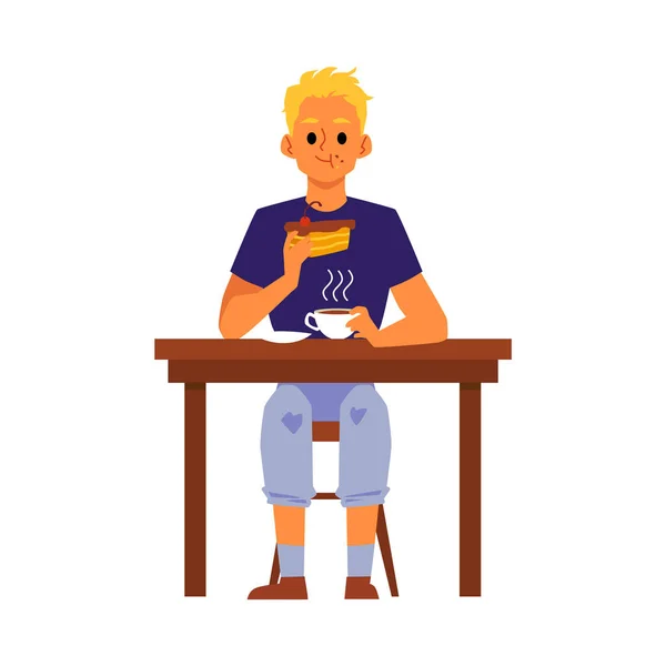 Homme personnage de dessin animé mange assis à table, illustration vectorielle plat isolé . — Image vectorielle