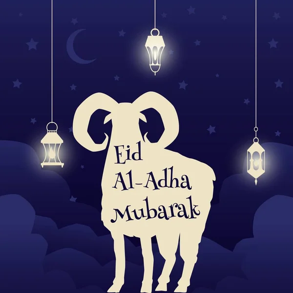 Eid Al-Adha Mubarak poster con pecore ariete, tessera religiosa musulmana — Vettoriale Stock