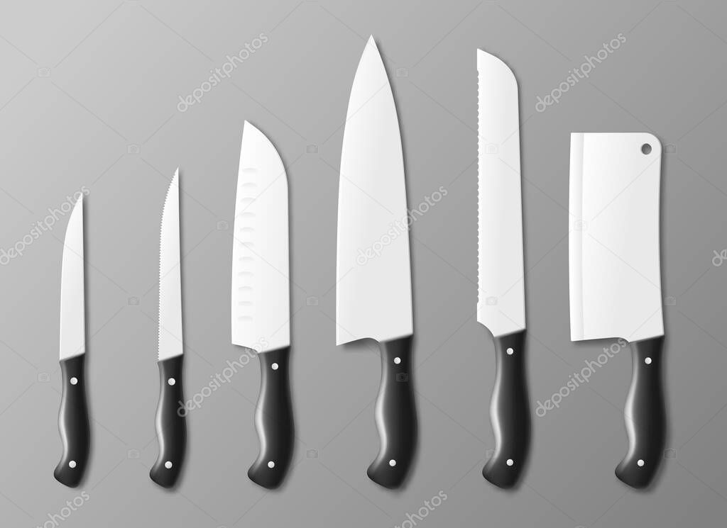 Cooking kitchen knife set templates, realistic vector illustration isolated.