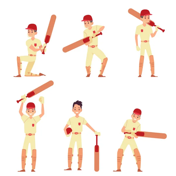 Set van de mens staat in verschillende actie poses houden cricket bat cartoon stijl — Stockvector