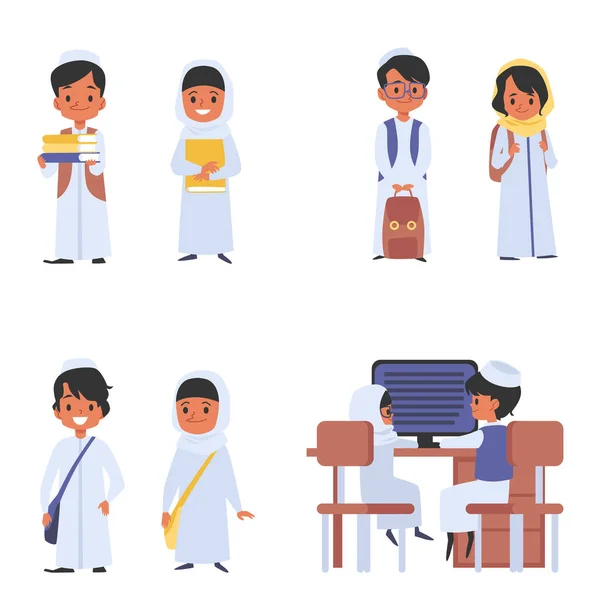 Conjunto de niños musulmanes o árabes en la escuela ilustración vectorial plana aislado . — Vector de stock