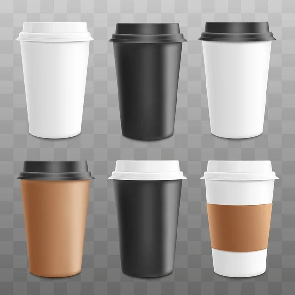 Conjunto de copos de plástico e papel para café e chá, café expresso, cappuccino — Vetor de Stock