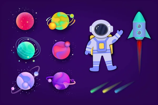 Colorido planeta espacial con astronauta de dibujos animados y cohete aislado sobre fondo oscuro — Vector de stock