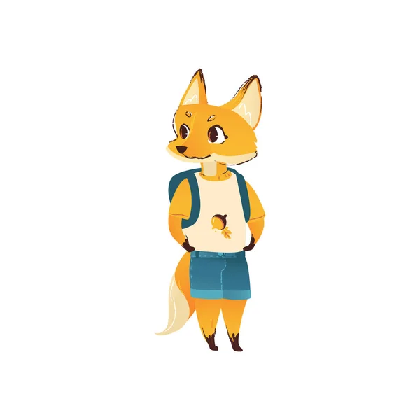 Χαριτωμένη αλεπού κινουμένων σχεδίων σε ανθρώπινα ρούχα και back-to-school σακίδιο στέκεται και χαμογελά — Διανυσματικό Αρχείο
