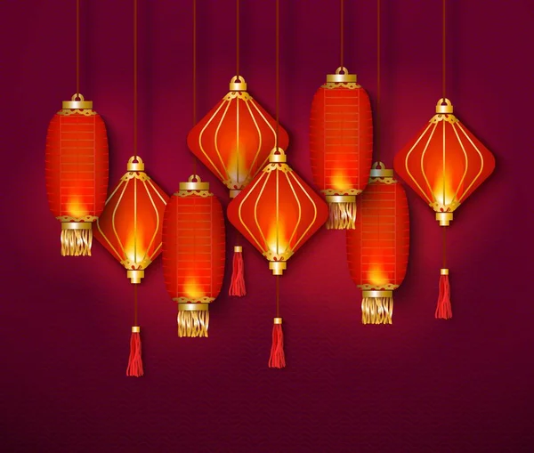 Çin 'den gelen doğulu kırmızı fener süslemesi, Asya festival lambası içinde yanan ateş. — Stok Vektör