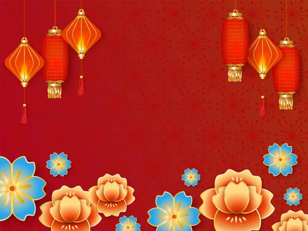 Fundo vermelho com lanternas chinesas e flores estilo realista — Vetor de Stock