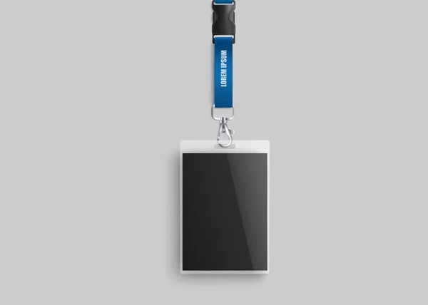 Lanière d'entreprise vierge - maquette réaliste avec carte d'identité noire vierge accrochée à une bandoulière bleue — Image vectorielle
