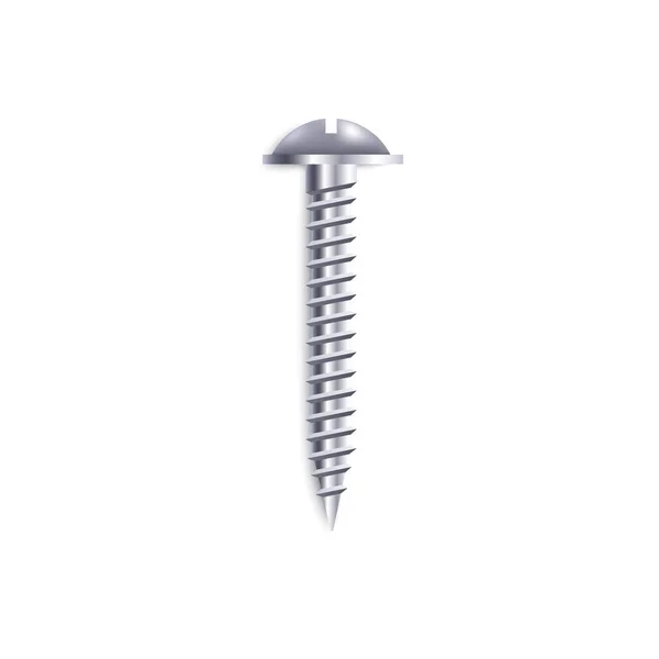 Sharp metal screw with raised slotted drive, metallic steel bolt with mushroom type head and realistic shiny chrome texture — Stock Vector