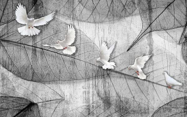 3d illustration, monochrome contours of leaves, a flock of white doves