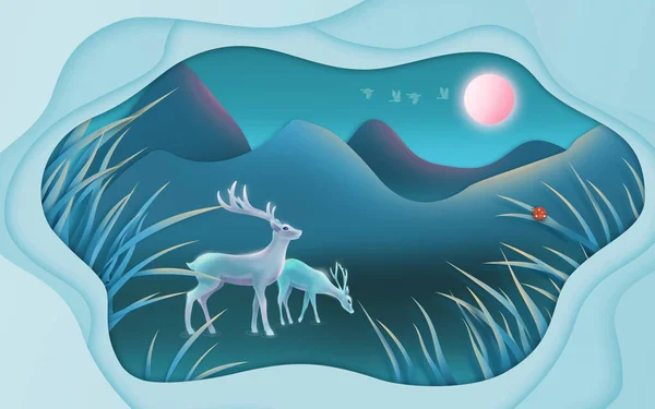 3d green illustration, cut out of paper, night landscape with deers, grass, hills, a pink moon and a red ladybug
