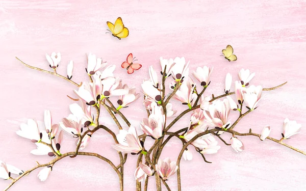 3d illustration, light pink background, large white magnolia flowers on thin branches, yellow and pink butterflies