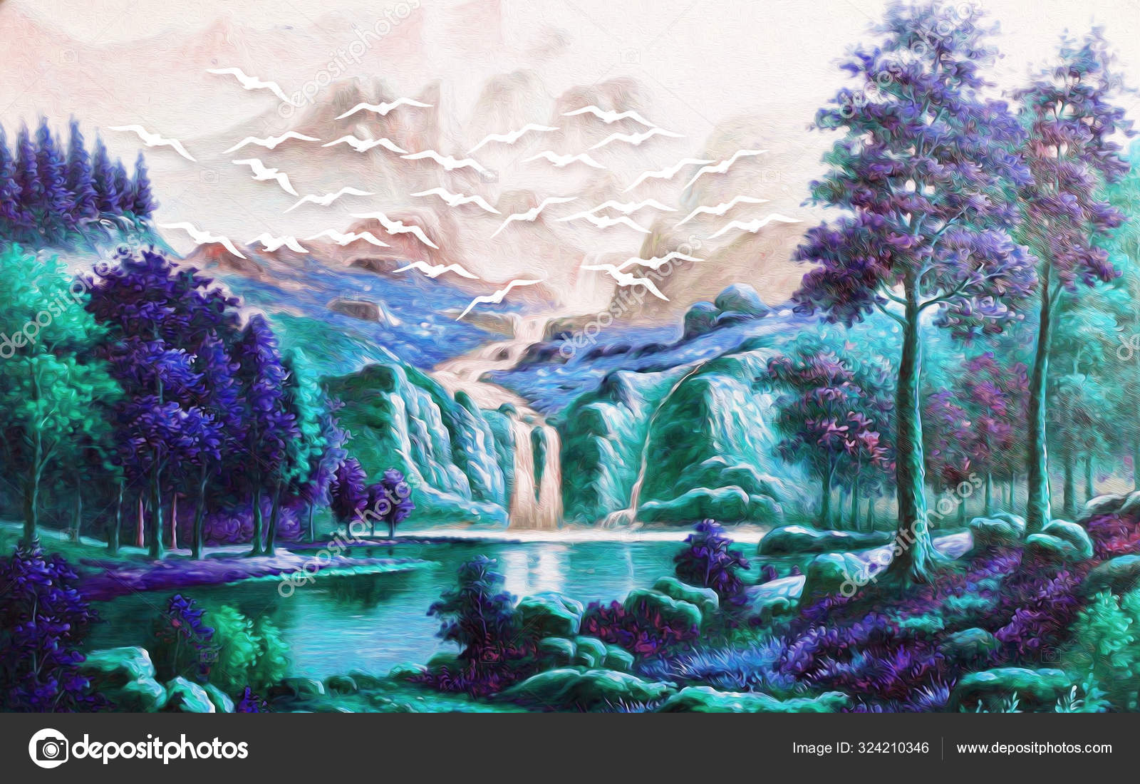 Landscape Illustration Fairy Forest Hills Waterfall Flock Of White Birds In The Sky Stock Photo By C Timkats