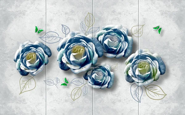 3d ilustración, gris grunge fondo, grandes rosas azules y pequeñas mariposas verdes Imagen De Stock