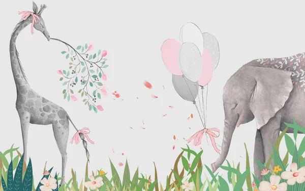 Gray background, grass, elephant and giraffe with balls and pink ribbon