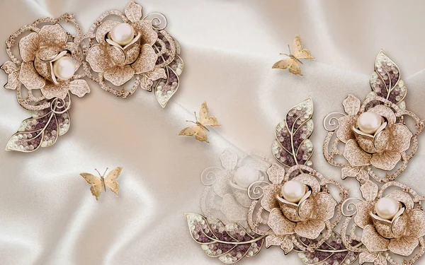 3d illustration, beige silk background, ornamental roses with large pearls, three butterflies