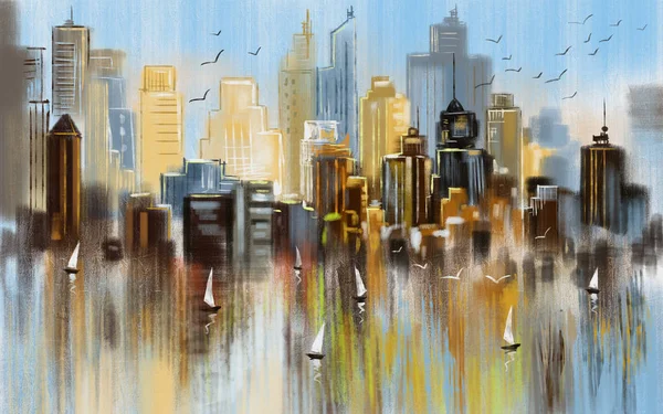 Hand-drawn urban illustration, the silhouette of a big city is reflected in the water, sailboats are floating