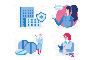 Klinik, hastane, doktor, destek, tıbbi tedavi, hemşire. Web pankartı, bilgi grafikleri ve mobil için vektör illüstrasyonu. 