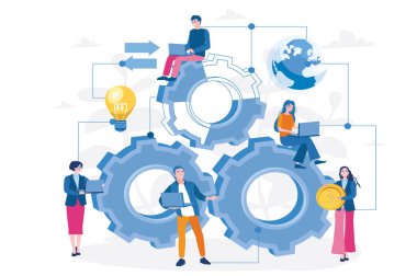 İş adamları mekanizma kuruyor. Web afişi, bilgi grafikleri, cep telefonu için vektör illüstrasyonu. İş süreci konsepti. Geliştirme, optimizasyon, takım çalışması. 